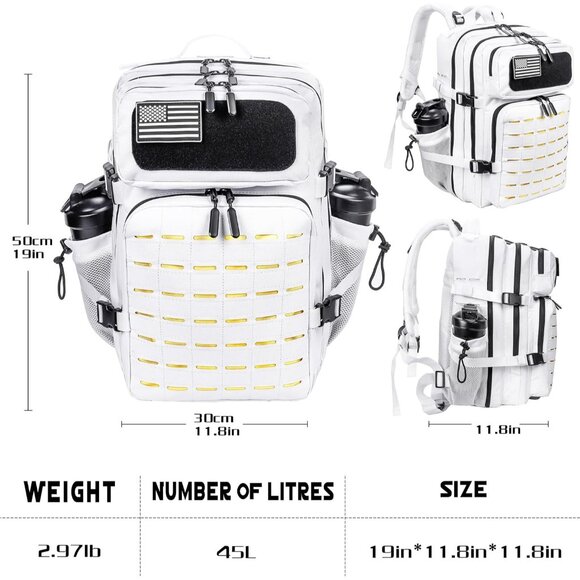 45L Tactical Backpack Molle Bag White and Yellow Water-Resistant Heavy-Duty Nylo - Picture 5 of 6